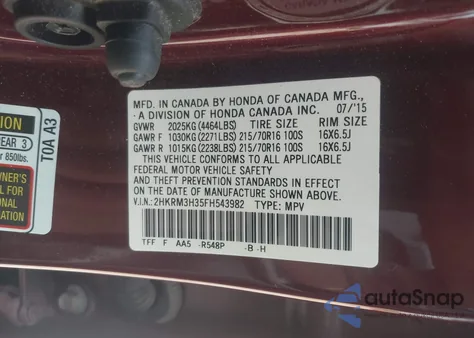2015 Honda Cr-V Lx from USA, damaged, VIN 2HKRM3H35FH543982